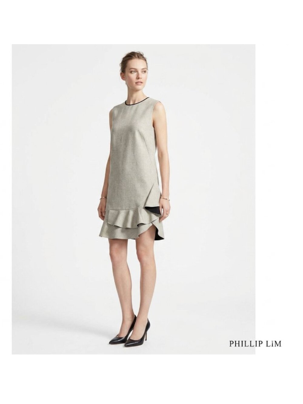 3.1 Phillip Lim Neutral Sleeveless Shift Dress w Flounce Hem Black Trim | 8